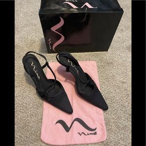 NINA CALISE-LS BLACK LUSTER SA SATIN BLING STRAPY SLINGBACK 10 M Womens Heels